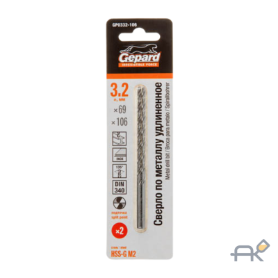 Сверло по металлу ц/х 3.2х69х106 мм удлиненное HSS-G. комплект из 2-х шт GEPARD (GP0332-106)